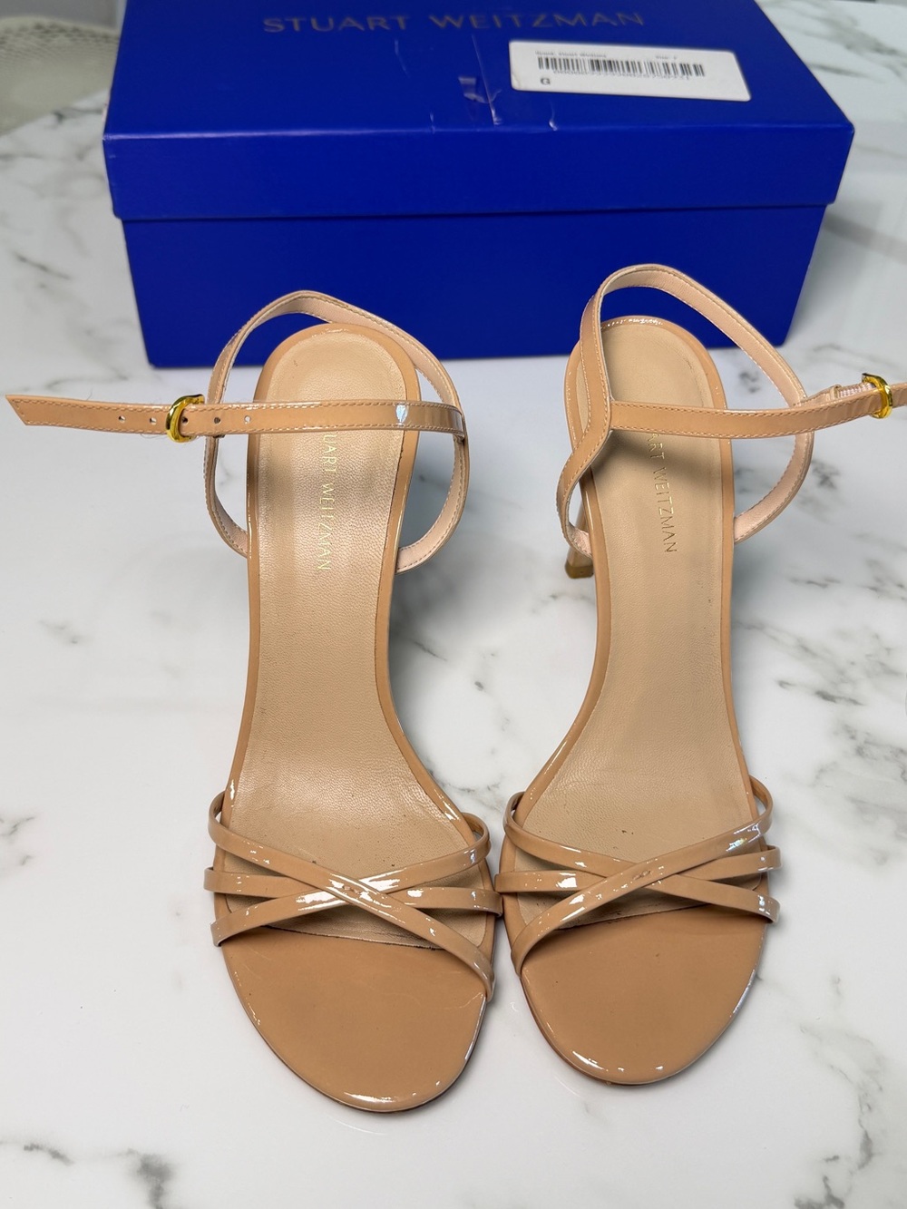 Stuart Weitzman Mykonos Braid Patent Nude Heels Size 7